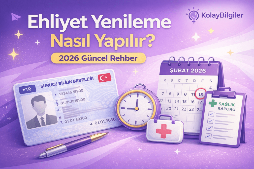Ehliyet yenileme işlemleri için randevu, sağlık raporu ve yeni çipli sürücü belgesi sürecini gösteren rehber görseli.