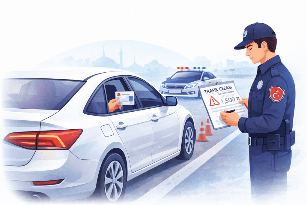 trafik cezası online nasıl ödenir polis tarafından kesilen trafik cezası ve araç kontrolü illüstrasyonu