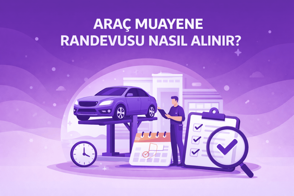 Araç muayene randevusu alma işlemini gösteren mor temalı illüstrasyon, araç lifti üzerinde otomobil ve online randevu takvimi ekranı