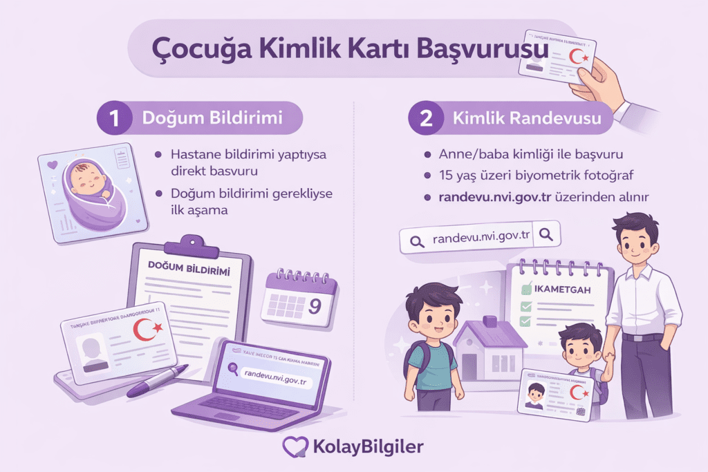 2026 güncel rehberine uygun olarak çocuğa kimlik kartı çıkarma sürecini anlatan mor tonlarda hazırlanmış Nüfus Müdürlüğü ve randevu ekranı temalı hero görseli