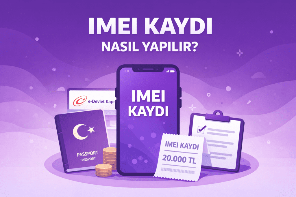 IMEI kaydı nasıl yapılır rehberi için mor temalı hero görsel, akıllı telefon, pasaport ve e-Devlet üzerinden IMEI kayıt işlemini simgeleyen illüstrasyon