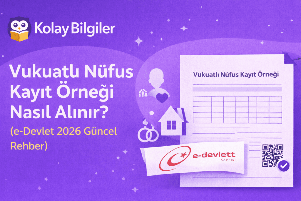 Nüfus kayıt örneği ve SGK hizmet dökümü belgelerinin e-Devlet üzerinden nasıl alınacağını gösteren KolayBilgiler mor temalı rehber görseli