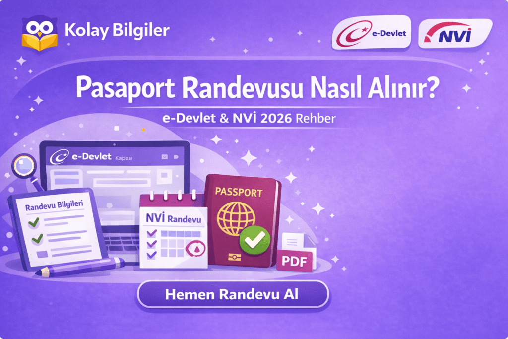 Pasaport başvurusu için e-Devlet ve Nüfus Müdürlüğü üzerinden randevu alma adımlarını gösteren rehber görsel