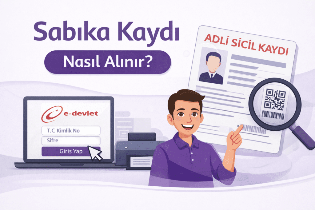 e-Devlet üzerinden sabıka kaydı (adli sicil kaydı) alma adımlarını gösteren mor temalı rehber görsel